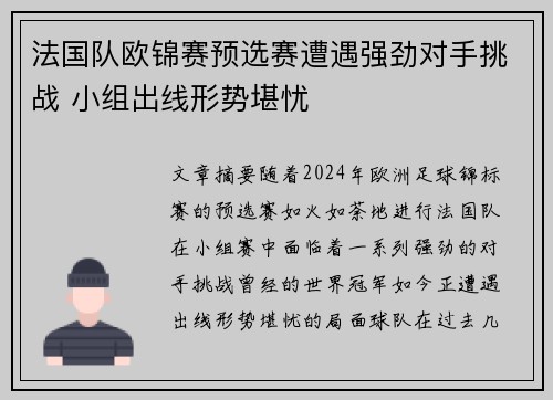 法国队欧锦赛预选赛遭遇强劲对手挑战 小组出线形势堪忧